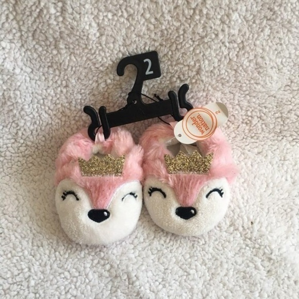 Wonder Nation Fox Slippers Baby Girls Size 5 Pink NEW Glitter Crown Faux Fur